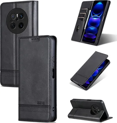 Obrázek produktu pro Kožené pouzdro pro Huawei Mate 70, skládací peněženkové pouzdro s magnetickým uzávěrem a stojánkem černé