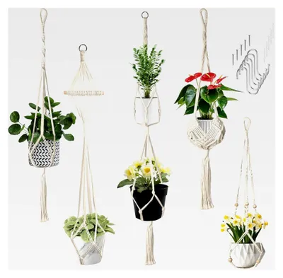Produktbild von 5er Set Makramee Blumenampel Hängend für Innenräume, Boho Deko aus Baumwollseil mit Haken, Hängende Blumentöpfe für Gärten, Decken und Fenster