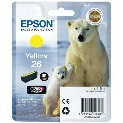 Zdjęcie produktu dla Epson Polar bear Singlepack Yellow 26 Claria Premium Ink, Standardowa wydajność, Żółty, Tusz na bazie pigmentu, 4,5 ml, 1 szt., 300 stron(y)