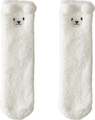 Produktbild von 1 Paar Damen Winter Korallen Fleece Fuzzy Socken Stickerei Bär Muster Verdickte Plüsch Bodensocken Mittelrohr Home Schlafsocken