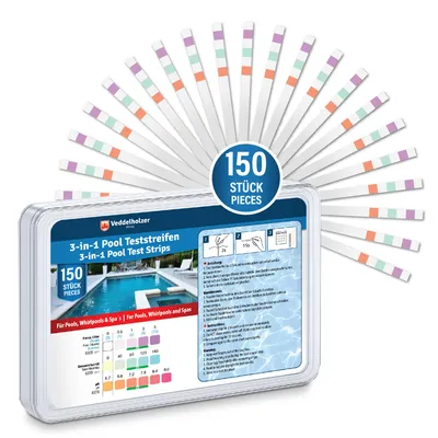Produktbild von Veddelholzer 3-in-1 Pool Teststreifen (150 Stück) – pH-Wert, Freies Chlor & Alkalinität messen – Schnelle Wasseranalyse für Pool, Whirlpool & Spa