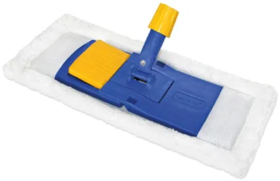A flat mop head with a blue plastic frame and a yellow handle attachment, covered with a white microfiber mop pad.