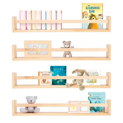 Four wooden shelves are displayed against a white background, each holding various items like books, picture frames, and stuffed animals.