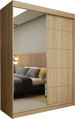 Produktbild von Masseno Schiebetürenschrank MIRELLA 150 cm Kleiderschrank Schlafzimmer Schrank 2-türig mit Spiegel Sonoma Eiche