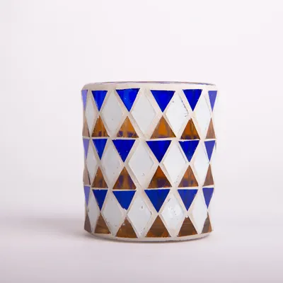 Produktbild von INNA-Glas Teelichtglas Samira, orientalisches Mosaik Muster, Zylinder - rund, blau - weiß, 7x7x8cm - Teelichthalter - Kerzenglas