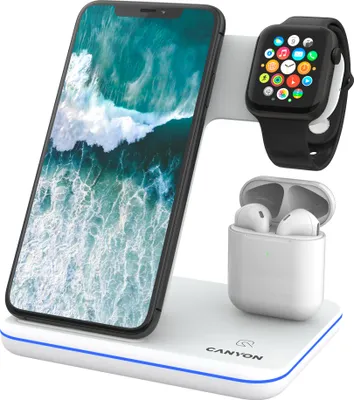 Produktbild von Canyon WS-302, 3-in-1, Kabellose Qi-Ladestation für 3 Geräte gleichzeitig, Weiß