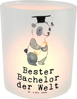 Produktbild von Mr. & Mrs. Panda Windlicht aus Glas Panda Bester Bachelor der Welt - Transparent - Geschenk, Geschenkidee, Outdoor, Musterschüler, Studium, Teelichthalter, Universität