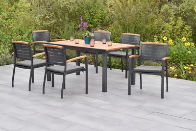 Produktbild von Merxx Gartenmöbel Set Tinos 13tlg., 6 Stapelsessel inkl. Kissen, Ausziehtisch 150 (200) x 90 cm- Aluminium/Akazie