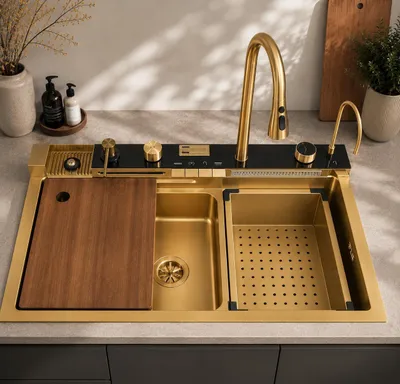 Produktbild von Faizee Home Edelstahlspüle Gold 75x46 cm Wasserfall Küchenspüle mit Multifunktionsarmatur Siphon Set