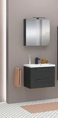 Produktbild von Badmöbel Set mit Waschbecken Keramik NICOLE  60cm SCHWARZ MATT LED SOFTCLOSE Waschtisch Spiegelschrank