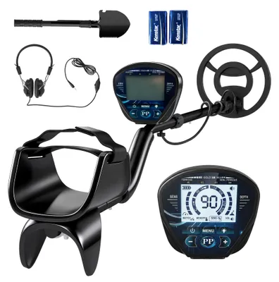 Productafbeelding van IP68 waterdichte metaaldetector met 3 standen, hoofdtelefoon, schep, zoekspoel, 7-inch lcd-scherm en detectiediepte.
