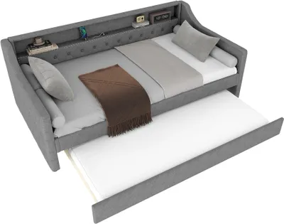 Produktbild von Daybett 90x200 cm ohne Matratze Grau Leinen Ausziehbett USB Schlafsofa Tagesbett Lattenrost Ambientelicht Gaestebett Einzelbett