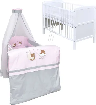 Produktbild von Baby-Delux Babybett Kinderbett Umbaubar 140x70 Weiß Bettset Komplett mit Motiv Traumland Rosa Grau