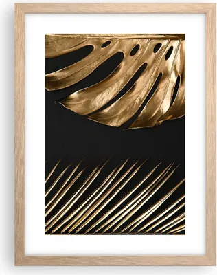 Produktbild von Gerahmtes Poster - Rahmen in heller Eiche - Golden Blatt Monstera - 30x40 cm - Wand Bild - Wanddeko - Wandbilder - Kunstposter - Wandposter - Bilderrahmen - Bilder - Kunstdruck - P2NPA30x40-5028