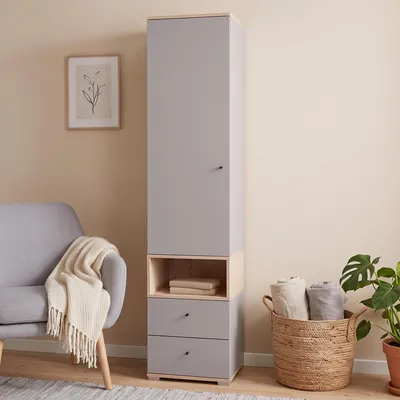 Produktbild von Jugendzimmer Wäscheschrank 45 cm breit in Grau mit Eiche, Tür, 2 Schubladen - ORIELLA-133