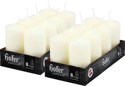 Produktbild von HOFER Stumpenkerzen 16 Stück Set – 4,5x9 cm – Elfenbein Ivory Creme – 12h Brenndauer – Tropffrei Säulenkerzen für Deko und Tisch
