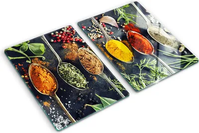 Produktbild von Tulup Glas Herdabdeckplatte - 2x40x52 cm - Glaskeramikkochfeld-Abdeckung Spritzschutz Glasabdeckplatte Kochplattenabdeckung und Schneidebrett - Zweiteilig - Essen & Getränke - Bunte Gewürze - Mehrfarbig
