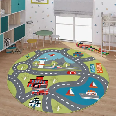 Produktbild von TT Home Kinder-Teppich, Spiel-Teppich Für Kinderzimmer, Mit Straßen-Motiv, In Grün Größe 160 cm Rund