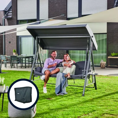 Produktbild von HOME DELUXE - Hollywoodschaukel DESCANSO Grau mit Abdeckung - 3-Sitzer, B/H/L 115cm x 195cm x 198cm, inkl. Getränkehalter, Sitz- und Rückenkissen I Gartenliege Gartenlounge Schaukelliege