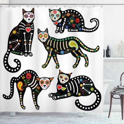 Produktbild von ABAKUHAUS Zuckerschädel Duschvorhang, Calavera inspiriert verzierten schwarzen Katzen mexikanischen Stil Urlaub den Tag der Toten, 175 x 180 cm, Mehrfarbig