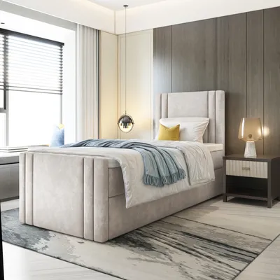 Produktbild von Bett Boxspringbett BEST MINI mit Fußteil, TOPPER T25, Bettkästen - Einzelbett, Stauraum, Schlafzimmer,Polsterbett (90x200, Beige - ITAKA 46)