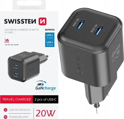 Zdjęcie produktu dla Szybka Ładowarka Sieciowa Gan 20w Power Delivery 2x Usb-c Swissten