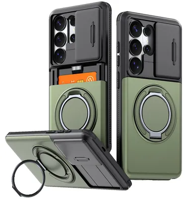 Image de Coque de téléphone avec compartiment pour cartes pour Samsung Galaxy S26 Ultra, protection coulissante pour l'appareil photo, anneau et support, coque de protection antichoc verte