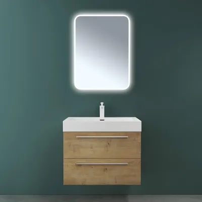 Produktbild von Mai & Mai Badmöbelset Komplett Set Waschbeckenunterschrank 73cm Unterschrank mit Waschschbecken aus Mineralguss und LED-Badspiegel Quadratto