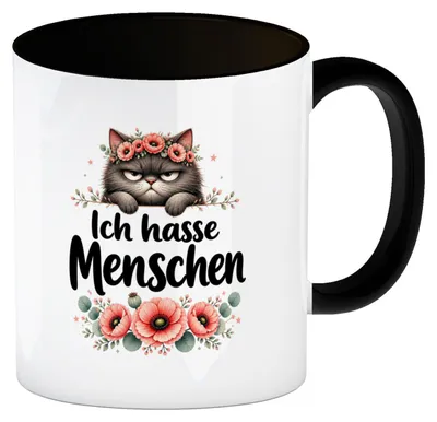 Produktbild von Kaffeebecher in schwarz Ich hasse Menschen - Katze Tasse Mit Spruch: Ich hasse
