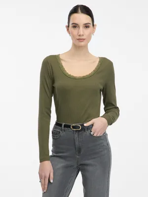 Obrázok produktu pre Dámske tričko s dlhým rukávom Orsay v khaki farbe, veľkosť XS