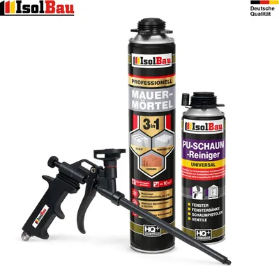 Isolbau Mauermörtel-Set - Inkl. 10x PU-Mauermörtel (750 ml), 2x Teflon Schaumpistole & 2x PU-Reiniger