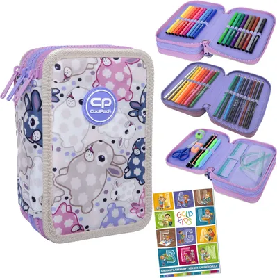 Produktbild von Federmäppchen 3 Fächer - Mäppchen für Mädchen und Jungen - Federmappe 3-Fach Federtasche Gefüllte Schüleretui 46-teilig - Schulmäppchen Kaninchen