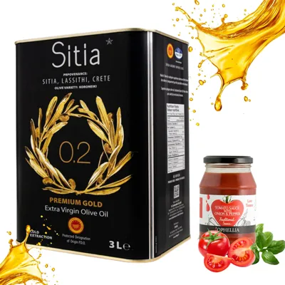 Produktbild von Sitia, Natives Olivenöl 3 L Extra Griechisches Premium + Griechische Tomatensauce mit Basilikum