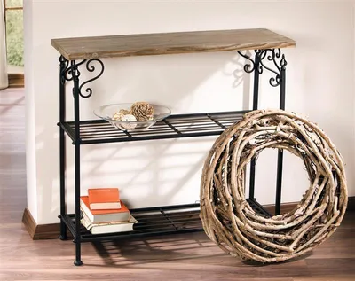 Image de grande étagère en métal avec 2 étagères + plateau en bois, rustique à l'aspect antique