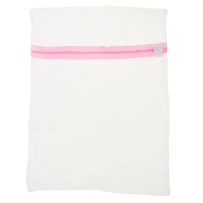 A white mesh laundry bag with a pink zipper and trim, shown against a white background.