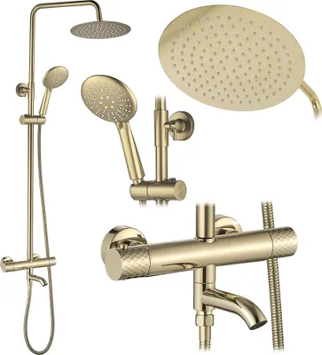 A collage of different views of a gold-colored shower set.