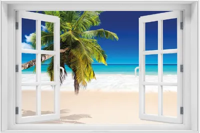 Produktbild von Wallario Wandbild mit Fenster-Illusion: Südseestrand in der Karibik mit Palme, Größe: 61 x 91,5 cm, Poster mit weißem Aluminiumrahmen
