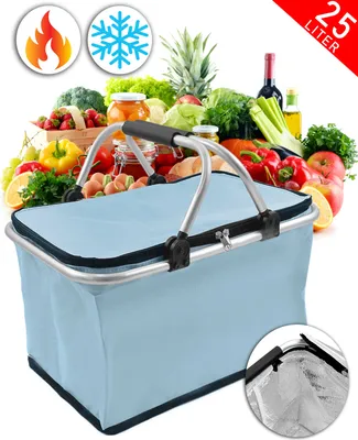 A light blue insulated picnic basket filled with various fruits, vegetables, and jars of food, with a white background and some promotional icons.