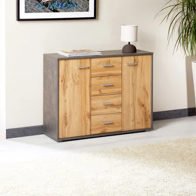 Produktbild von Sideboard JAMIE mit 2 Türen und 4 Schubladen, moderne Kommode Büromöbel in Beton dunkel/Wotan Eiche