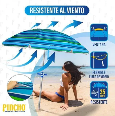 Image de Grand parasol de plage résistant au vent, 200 cm – jusqu'à 35 km/h – aluminium – 8 + 8 baleines en fibre de verre – 16 kg – tente de plage