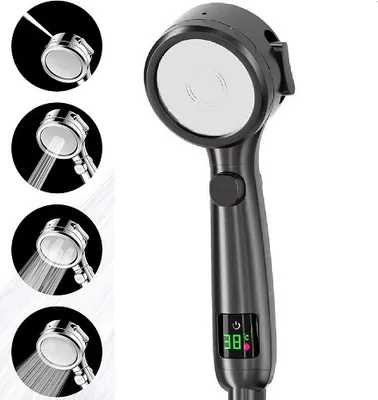 A shower head with multiple spray patterns shown in circular insets, and a digital temperature display on the main product.