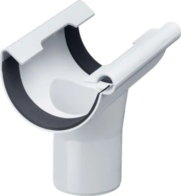 A white PVC gutter downpipe connector with a black rubber seal.