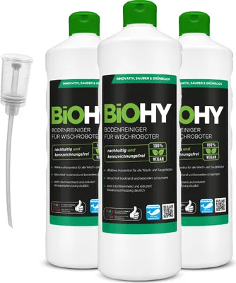 Produktbild von BiOHY Bodenreiniger für Wischroboter (3x1l Flasche) + Dosierer | Konzentrat für alle Wisch & Saugroboter mit Nass-Funktion | nachhaltig & ökologisch