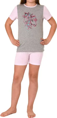Produktbild von Mädchen Shorty Pyjama, kurzarm mit Pferde-Motiv - 122 405 10 701 ; grau , 164
