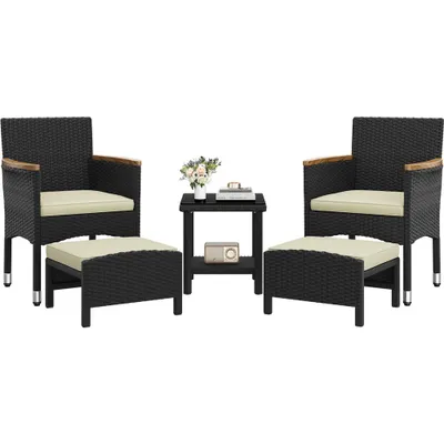 Produktbild von Yaheetech 5er Gartenmöbel Set, aus Rattan, inkl. 2 Einzelsofas & 2 Fußhocker & 1 Kaffeetisch, Balkonmöbel Terassenmöbel, Schwarz & Beige