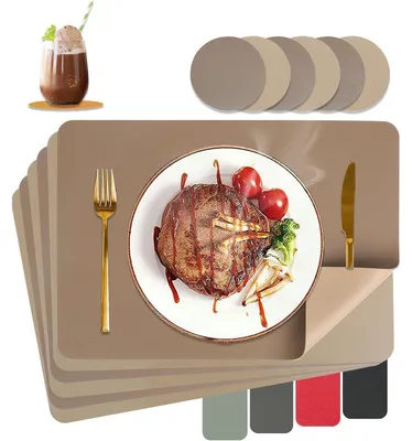 Immagine prodotto di Set di tovagliette lavabili, effetto pelle, resistenti al calore, confezione da 6 pezzi con sottobicchieri, colore marrone e beige, dimensioni 43x30 cm