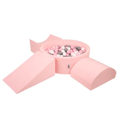 Obrázok produktu pre KiddyMoon Mäkké penové ihrisko pre deti s guľatým loptičkovým ihriskom (200 ∅ 7 cm) s mäkkými prekážkami a loptičkovým bazénom,  vyrobené v EÚ, Ružová: Biela/Grey/Púdrovo ružová, Verzia 4