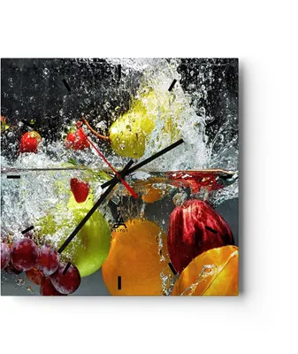Produktbild von Wanduhr - Quadrat - Glasuhr - Früchte Wasser Spritzer Essen - 30x30cm - Schleichendes Uhrwerk - Lautlos - zum Aufhängen bereit - Dekoration Modern - Wanddekoration aus Glas - C3AC30x30-2972
