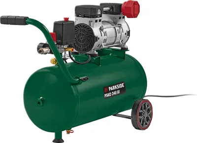 A green air compressor with silver and black accents is shown against a white background.