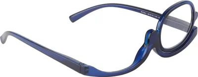 A close-up side view of a pair of blue magnifying glasses for eye makeup.